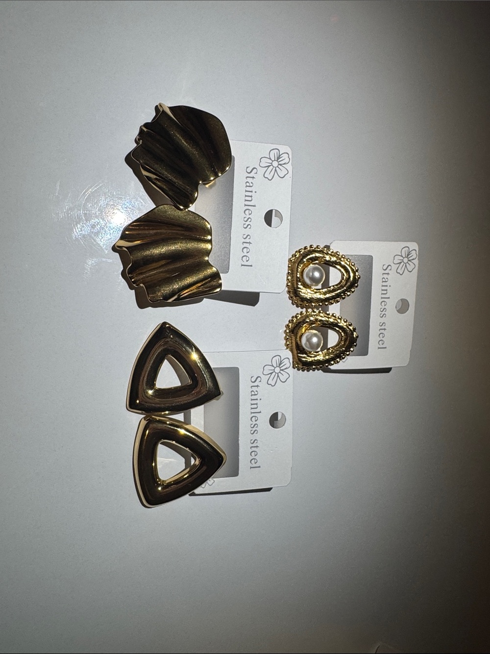 Gold Trio: Elegant Chunky & Pearl Accent Stainless Steel Earrings - Picture 2 of 3